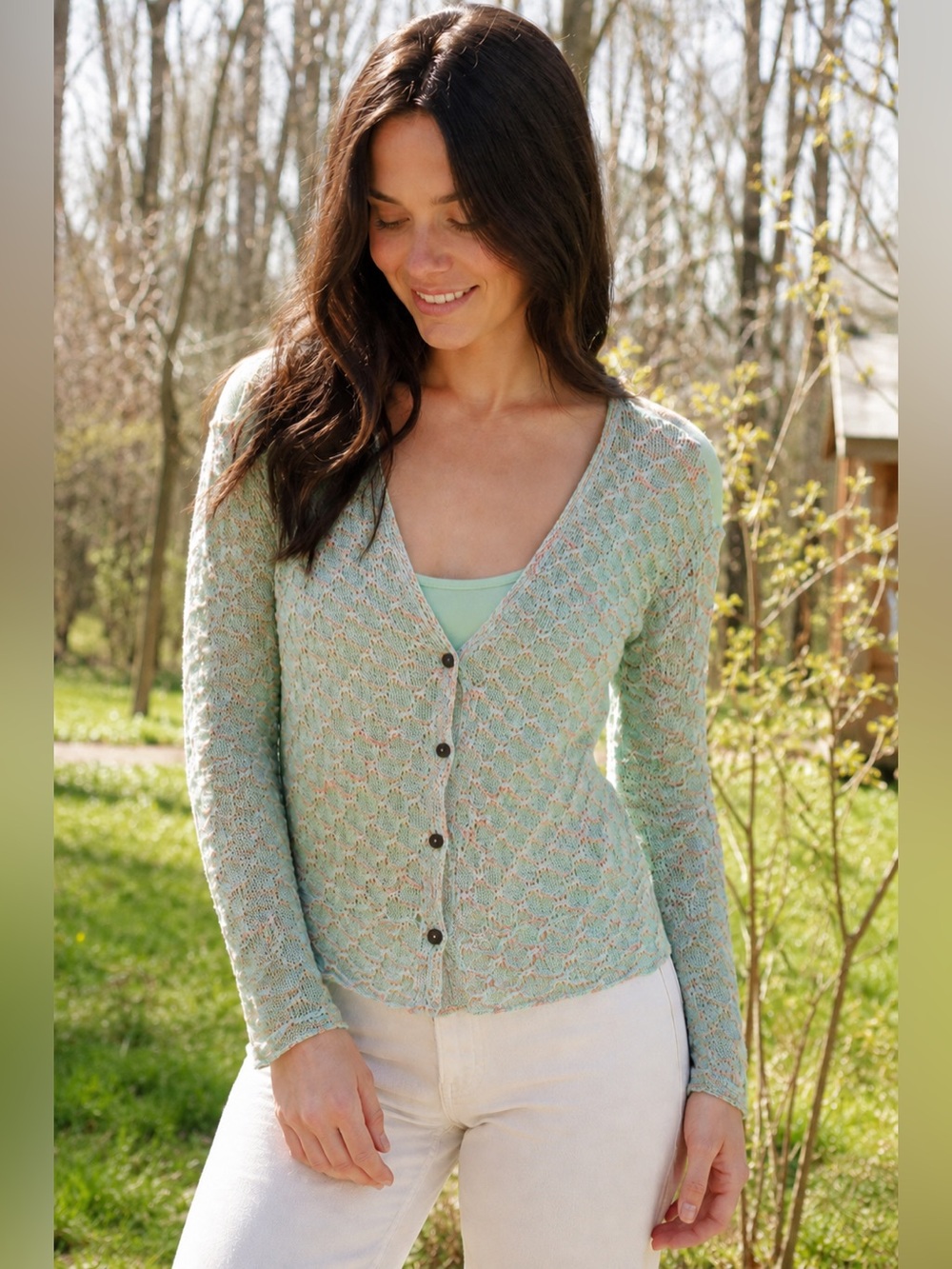 Francesca's Collections Mint Green Openwork Button Cardigan